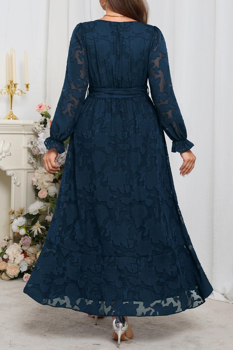 Talisea Navy Blue Dress Women Plus Size Wedding Guest Cocktail Fall Semi Formal Floral Long Sleeve Wrap High Low Maxi Dresses - Image 4