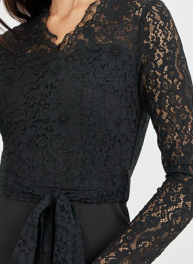 Styli Styli Long Sleeve Lace Insert Wide Leg Jumpsuit