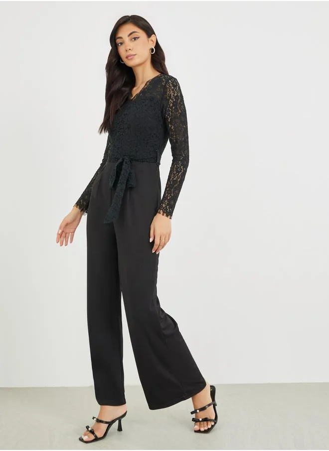 Styli Styli Long Sleeve Lace Insert Wide Leg Jumpsuit
