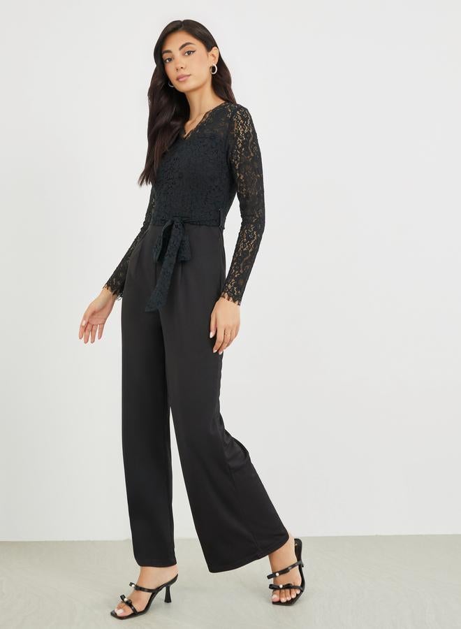 Styli Long Sleeve Lace Insert Wide Leg Jumpsuit - Image 2