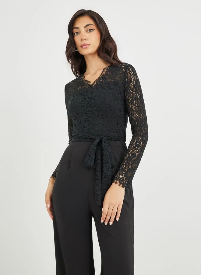 Styli Styli Long Sleeve Lace Insert Wide Leg Jumpsuit