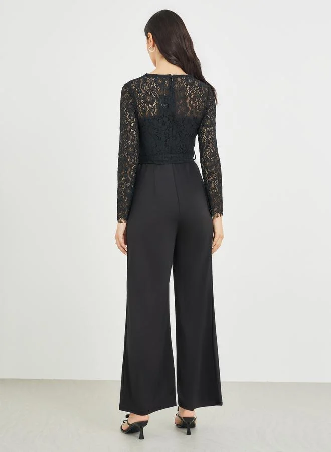 Styli Styli Long Sleeve Lace Insert Wide Leg Jumpsuit
