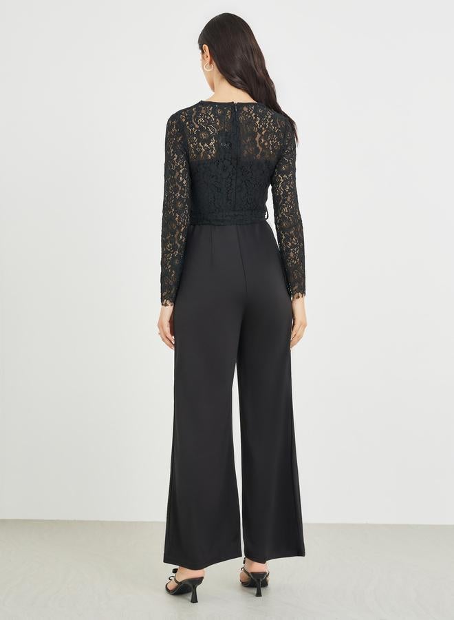 Styli Long Sleeve Lace Insert Wide Leg Jumpsuit - Image 5
