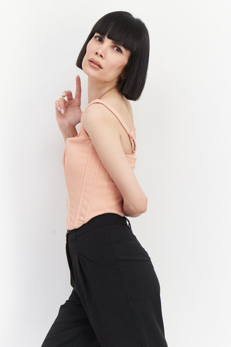 GUESS Women Square Neck Sleeveless Ribbed Corset Top, Peach  - Image 3
