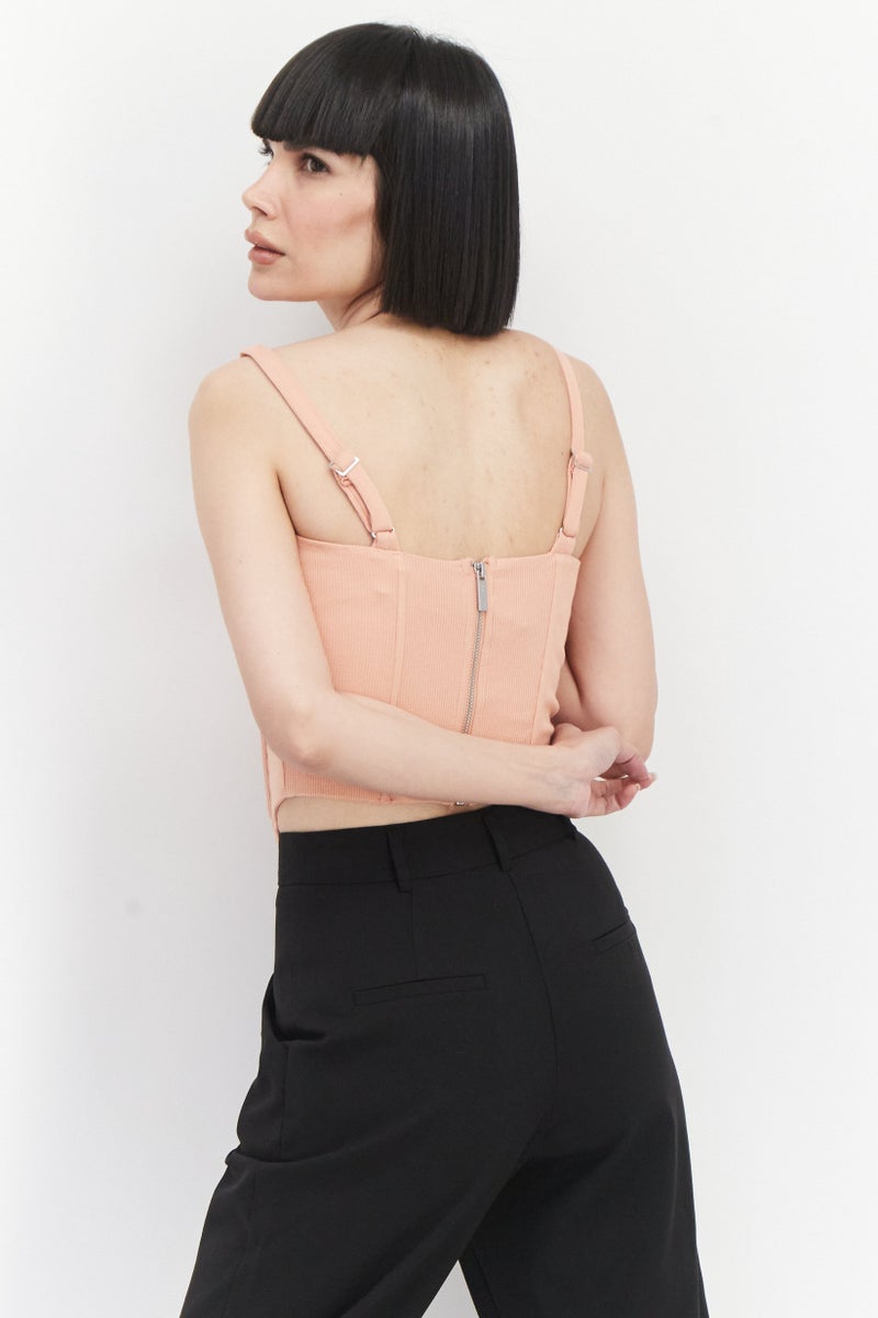 GUESS Women Square Neck Sleeveless Ribbed Corset Top, Peach  - Image 2