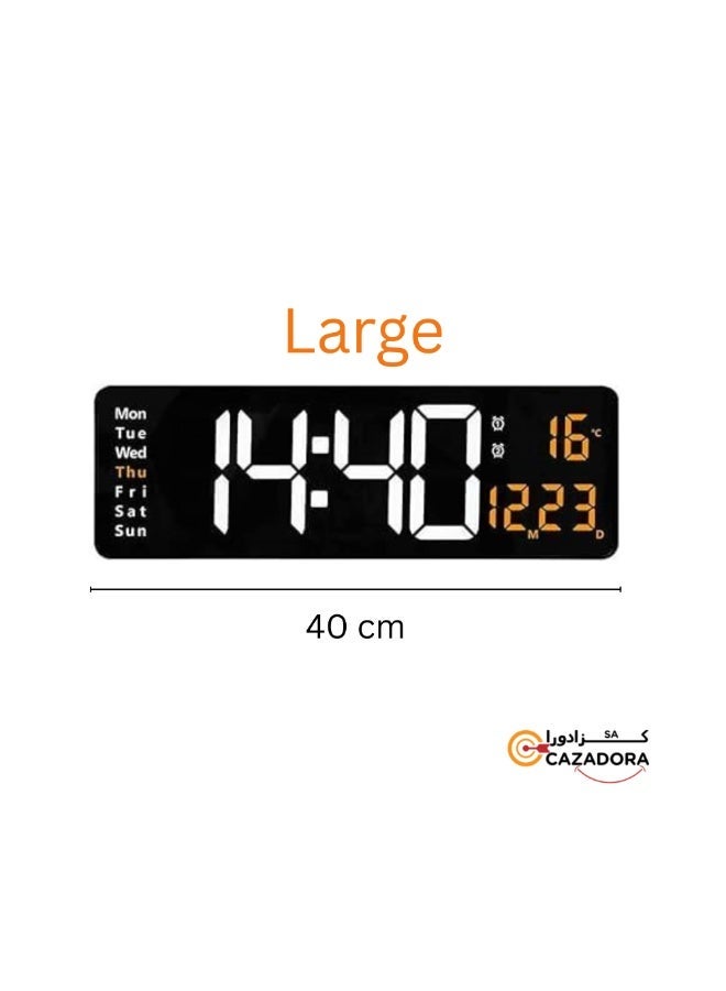 CAZADORA 6626 | 16″ / 40 cm Digital Wall Clock Large LED Display – 3 Bright Colors (Orange, Green, Red) – Remote Control Included – Auto-Dim Night Mode – Displays Time, Date, Day & Temperature – Also Available in 13″ (33 cm) – Accurate Quartz Movement for Reliable Timekeeping in Any Room – Perfect for Home, Office, Gym, Classroom or Kitchen – Easy Wall Mount – Plug‑in Power Adapter – Selectable °C/°F – Sleek Modern Design – Ideal Gift – Energy‑Saving LED – High Visibility from Distance – User‑Friendly Controls – Durable Build – 12/24‑Hour Format - Image 2