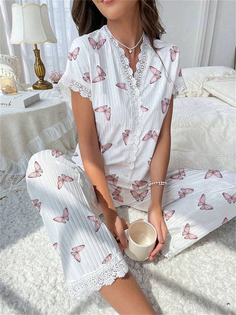 Best-Selling Women'S Home Clothes Cherry Print Water-Soluble Embroidered Edge Short-Sleeved Trousers Can Be Worn Outside Pajamas For Women - Image 1
