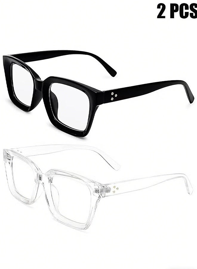 Happy D Classic unisex transparent lens glasses, 2-piece set of fashionable retro square thick-frame fake glasses, full-frame anti-blue light retro fashion simple frame glasses for travel and vacation - Image 1
