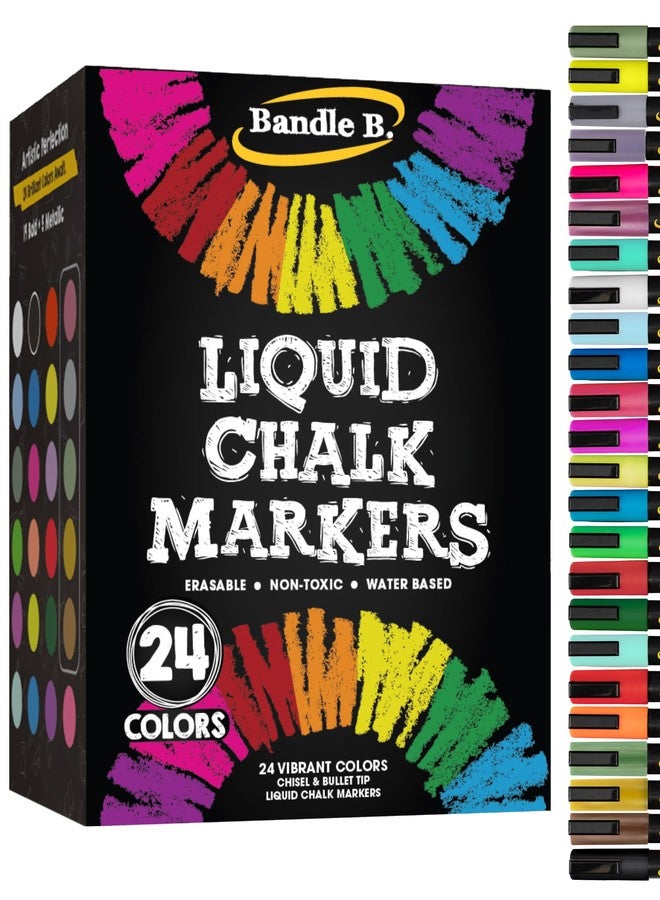 Bandle B. Chalk Markers - 24 Vibrant, Erasable, Non-Toxic, Water-Based, Reversible Tips. For Glass or Chalkboard Markers for Businesses, Restaurants, Liquid Chalk Marker (Vibrant 6mm) - Image 1