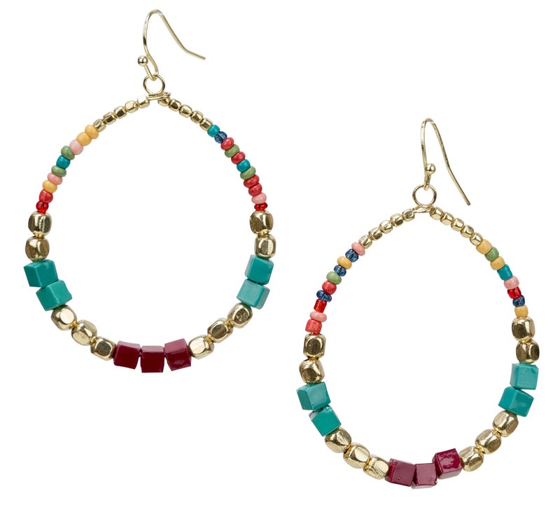 SPUNKYsoul Bohemian Multi-Colored Cube Beaded Hoop Earrings for Women (Teal/Red/Cube) - Image 1