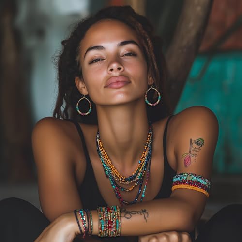 SPUNKYsoul Bohemian Multi-Colored Cube Beaded Hoop Earrings for Women (Teal/Red/Cube) - Image 4
