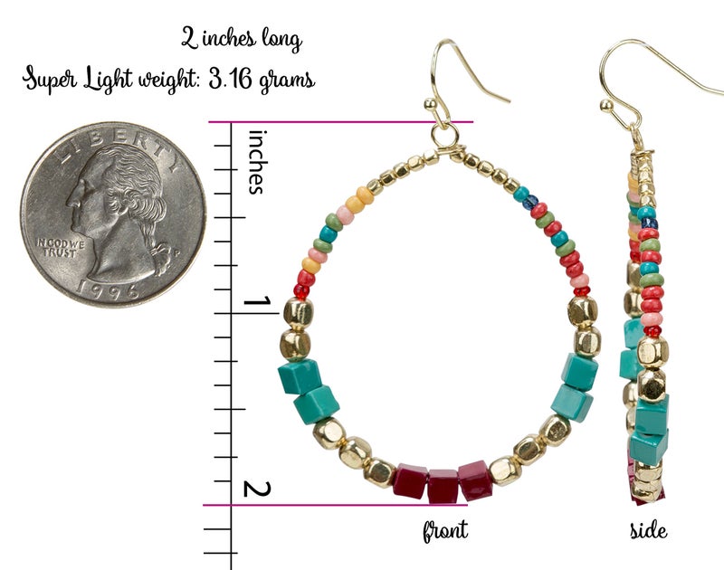 SPUNKYsoul Bohemian Multi-Colored Cube Beaded Hoop Earrings for Women (Teal/Red/Cube) - Image 3