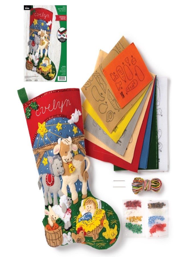 Bucilla Felt Applique 18" Stocking Making Kit, Christmas Nativity, Perfect for DIY Arts and Crafts, 89531E, White - Image 1
