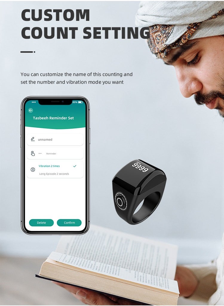 Equantu - 18mm Zikr Ring Smart Ring with Vibration Reminder Tasbih Counter and Bluetooth Connection for Exclusive IQIBLA App and 5 Daily Prayer Reminders - Image 1