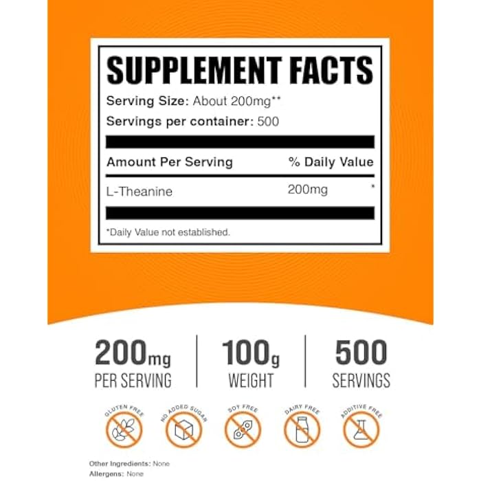 BulkSupplements.com L-Theanine Powder - L-Theanine Supplement, L-Theanine 200mg - Amino Amino Supplement, Pure & Gluten Free, 200mg per Serving, 100g (3.5 oz) (Pack of 1) - Image 2