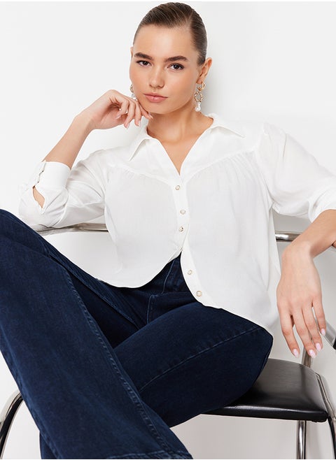 Ecru Button Detailed Viscose Fabric Regular Fit Woven Shirt TWOSS24GO00110