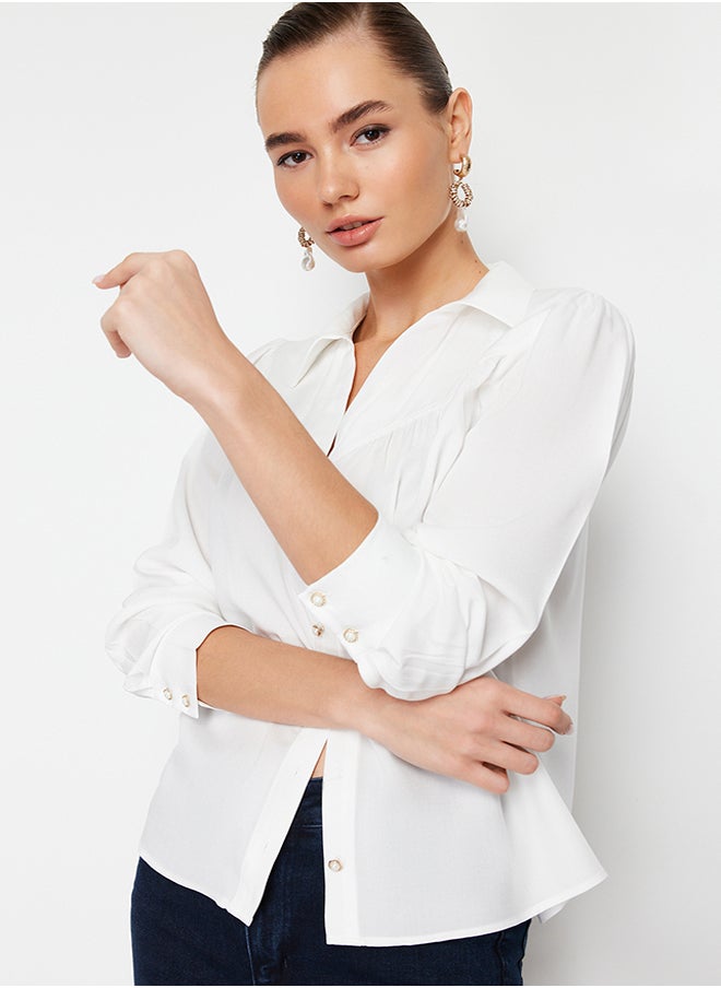 Ecru Button Detailed Viscose Fabric Regular Fit Woven Shirt TWOSS24GO00110