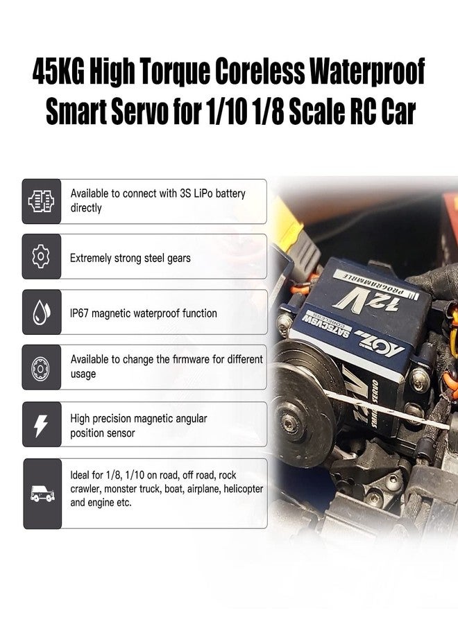 AGFRC 45KG Waterproof RC-Servo High-Torque - 12V Programmable Metal Gear Coreless Digital Smart Servo for 1/8 1/10 RC Car Trcuk, Control Angle 180° (SA75CVSW V2) - Image 4