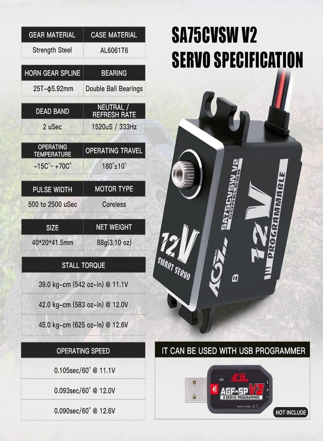 AGFRC 45KG Waterproof RC-Servo High-Torque - 12V Programmable Metal Gear Coreless Digital Smart Servo for 1/8 1/10 RC Car Trcuk, Control Angle 180° (SA75CVSW V2) - Image 3