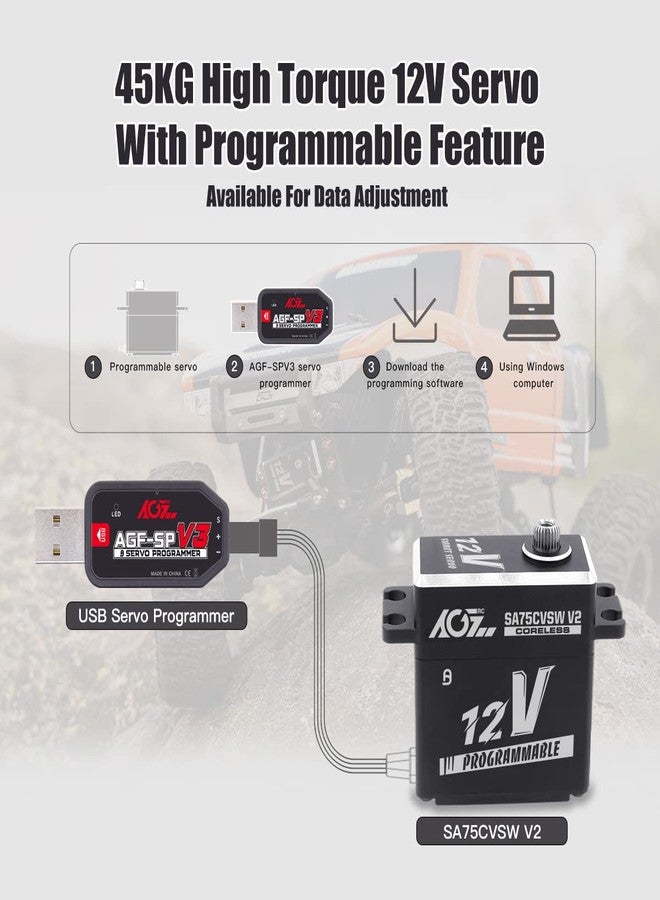 AGFRC 45KG Waterproof RC-Servo High-Torque - 12V Programmable Metal Gear Coreless Digital Smart Servo for 1/8 1/10 RC Car Trcuk, Control Angle 180° (SA75CVSW V2) - Image 5