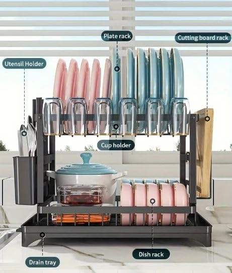 Sisliya Extendable Dish Drainer with Drip Tray, Fruits & Vegetables Drying Rack Mobile Cutlery Holder, Aluminium Dish Drainer, Single Tier Dish Drainer, Drainage Spout (304 Rack) - Image 2