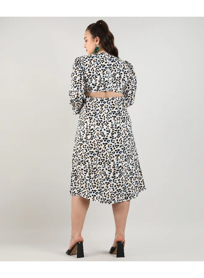 Instafab Plus Women's Multicolour Cheetah Cut-Out Midi Dress For Casual Wear | V Neck | Long Sleeve | Button Closure | Plus-Size Dress Crafted With Comfort With For Everyday Wear