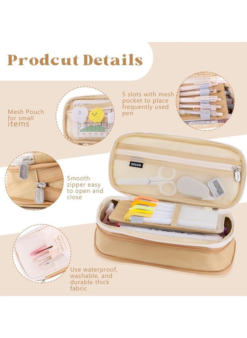 Ringo Large Capacity Pencil Case, Foldable Pencil Pouch, Multi- Slot Pencil Bag for Kids Girls Boys Teen Child Student School Supplies (Beige) - Image 3