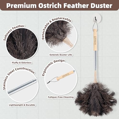 LOVECO Ostrich Feather Dusters for Cleaning Kit - Reusable Soft Feather Duster Extendable to 49 inches for Cleaning Ceiling Fan, High Ceiling, Blinds & Retractable Small Duster for Keyboard, Car - Image 3