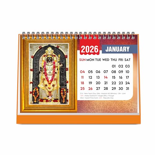 ESCAPER Shree Ram 2026 Desk Calendar – Ram Lalla & Hanuman Photos, Devotional Ram Ji & Ram Darbar Table Calendar for Daily Inspiration, Hindu Calendar 2026 - Image 1