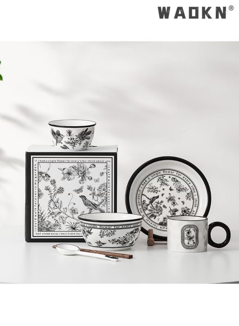 دبليو أيه أو كي أن مجموعة أدوات مائدة سيراميك من بينيليا فلاور، صندوق هدايا لشخص واحد، تتضمن وعاءً واحدًا، طبقًا واحدًا، كوبًا واحدًا، ملعقة واحدة، عيدان طعام - Image 1