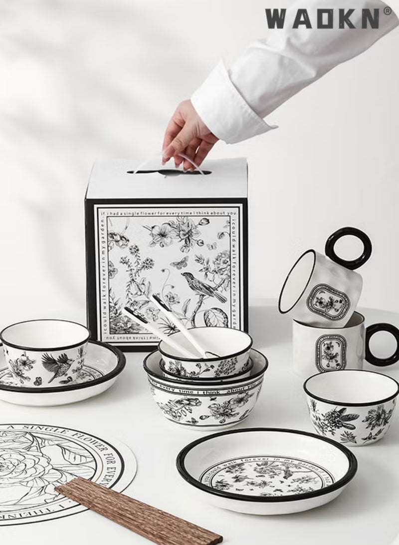 دبليو أيه أو كي أن مجموعة أدوات مائدة سيراميك من بينيليا فلاور، صندوق هدايا لشخص واحد، تتضمن وعاءً واحدًا، طبقًا واحدًا، كوبًا واحدًا، ملعقة واحدة، عيدان طعام - Image 2