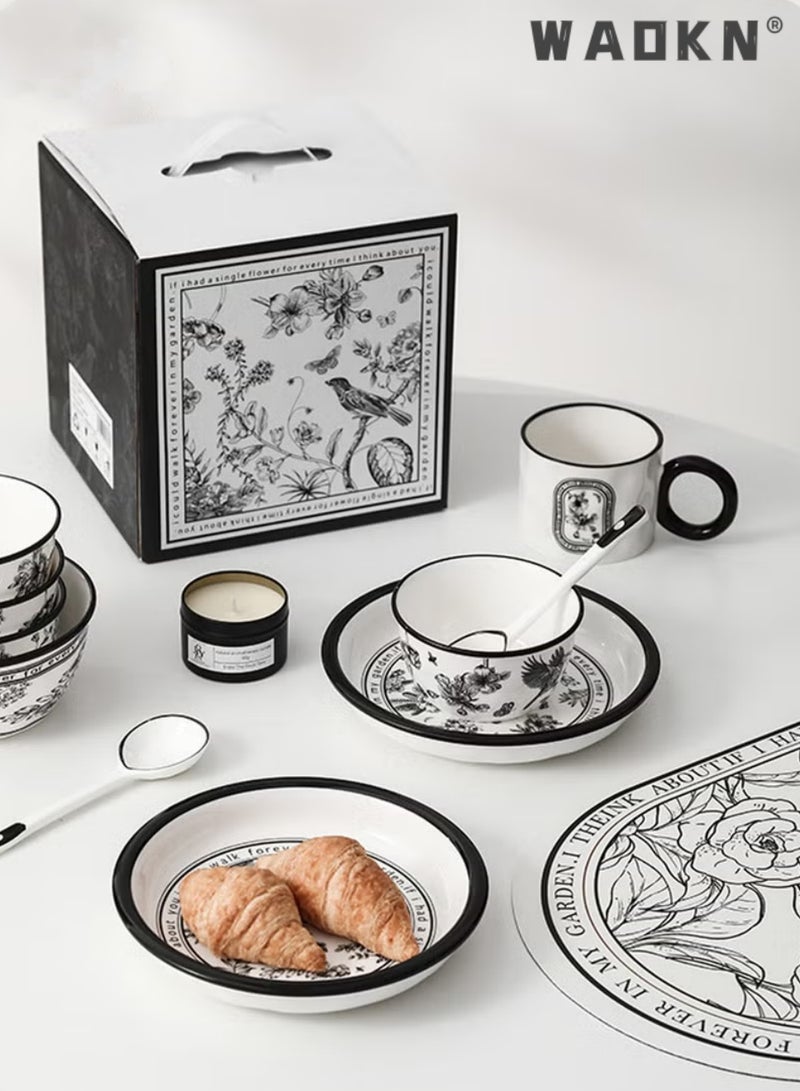 دبليو أيه أو كي أن مجموعة أدوات مائدة سيراميك من بينيليا فلاور، صندوق هدايا لشخص واحد، تتضمن وعاءً واحدًا، طبقًا واحدًا، كوبًا واحدًا، ملعقة واحدة، عيدان طعام - Image 3