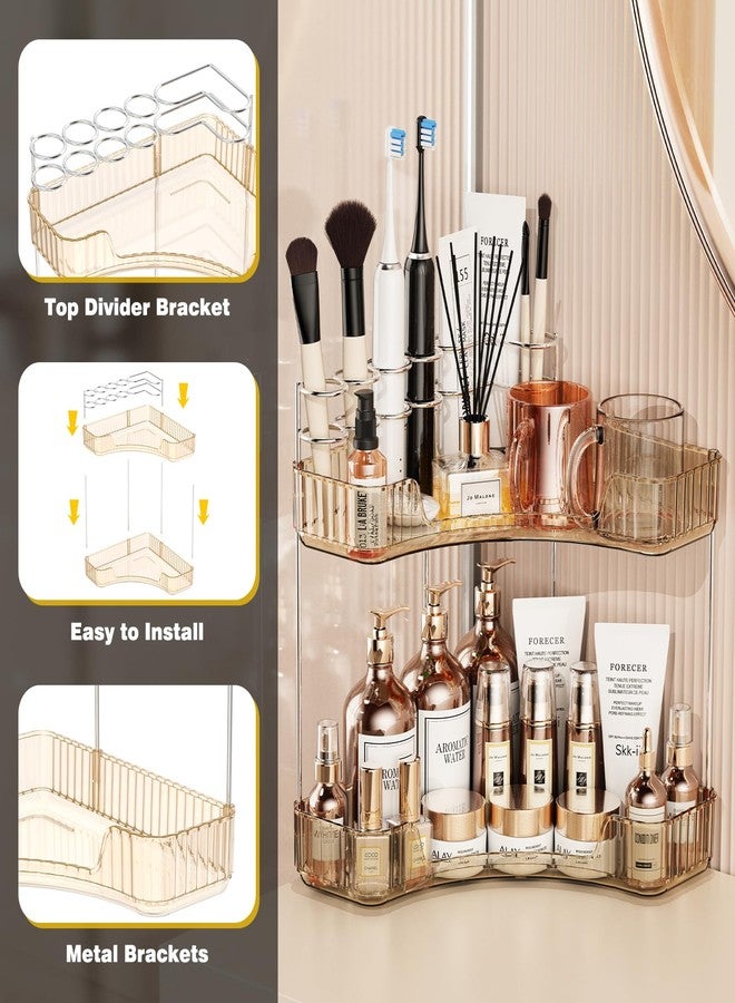 Asayuee 2-Tier Corner Bathroom Counter Organizer with Top Toothbrush Holders,Large Makeup Organizer Countertop with Brush Holder,Skincare Organizers Corner,Exquisite Vanity Organizer (Gold, 2 Tier) - Image 5