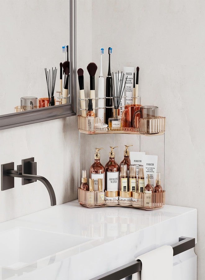 Asayuee 2-Tier Corner Bathroom Counter Organizer with Top Toothbrush Holders,Large Makeup Organizer Countertop with Brush Holder,Skincare Organizers Corner,Exquisite Vanity Organizer (Gold, 2 Tier) - Image 2