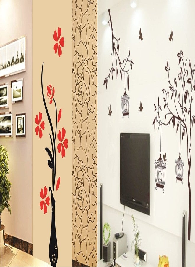 Walltech Set of 2 Wall Sticker Flower Vase Red and Free Bird Cage Brown Wall Sticker - Image 1