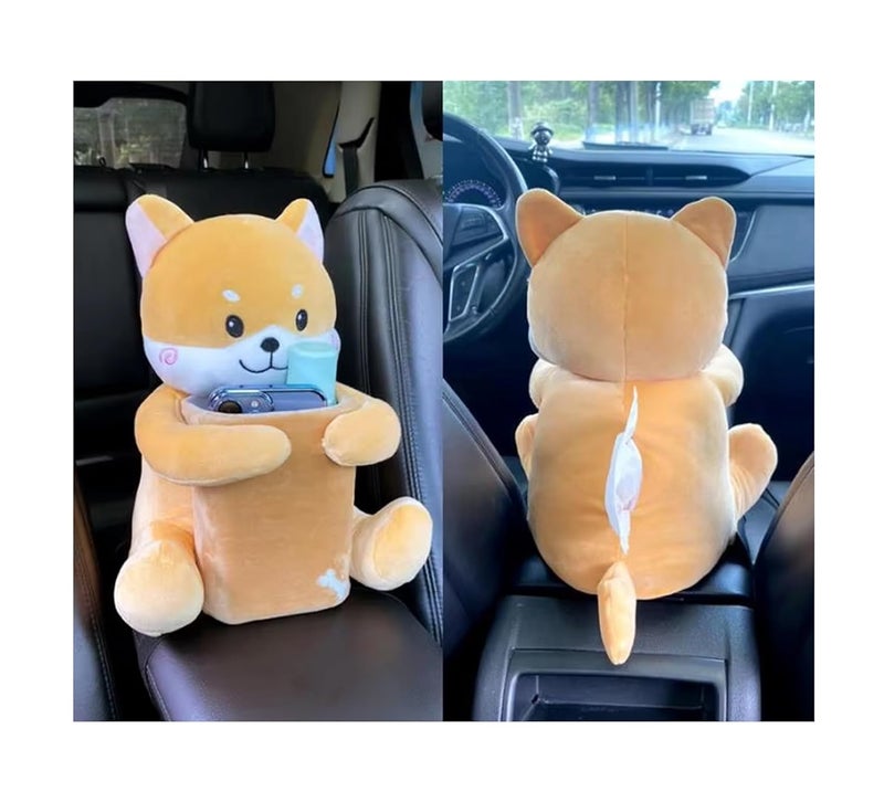 AUGEN Multifunctional Creative Car Tissue Box Car Trash Can Tissue Box 2-in-1 Plush Toy Car Interior Accessories (Biege) - Image 1