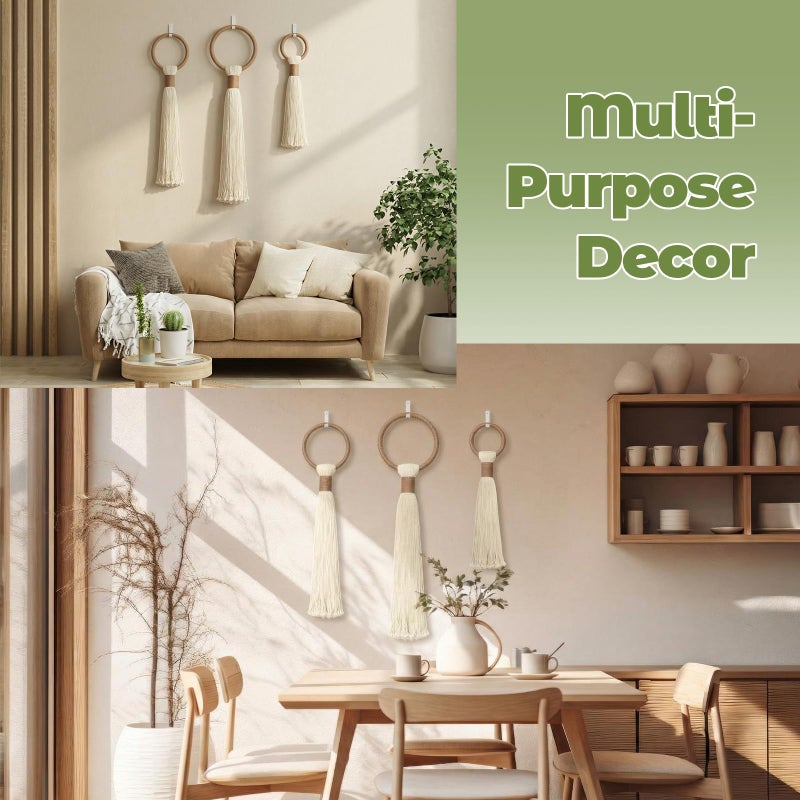 Tegeme 3-piece Macrame Wall Hanging Large Boho Wall Decor Set Extra Large Beige Boho Spherical Knot Tapestry with Long Fringe Handmade Cotton Yarn Art for Living Room Bedroom Nursery Dinning Room - Image 5
