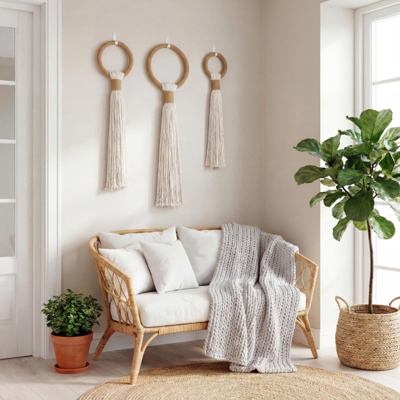 Tegeme 3-piece Macrame Wall Hanging Large Boho Wall Decor Set Extra Large Beige Boho Spherical Knot Tapestry with Long Fringe Handmade Cotton Yarn Art for Living Room Bedroom Nursery Dinning Room - Image 1