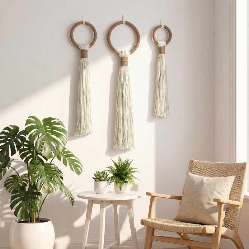 Tegeme 3-piece Macrame Wall Hanging Large Boho Wall Decor Set Extra Large Beige Boho Spherical Knot Tapestry with Long Fringe Handmade Cotton Yarn Art for Living Room Bedroom Nursery Dinning Room - Image 4