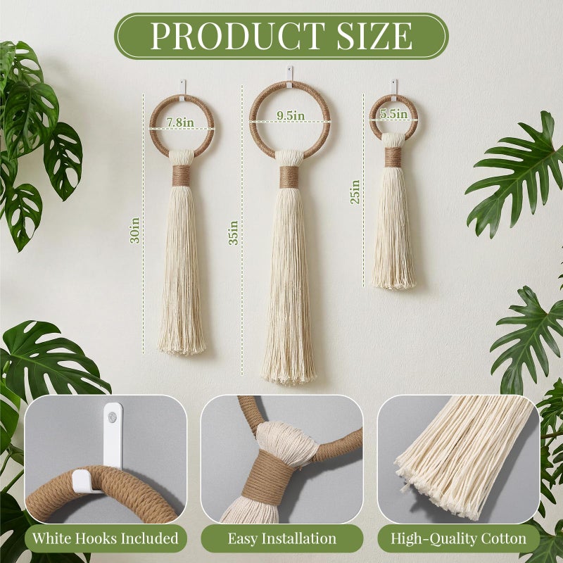 Tegeme 3-piece Macrame Wall Hanging Large Boho Wall Decor Set Extra Large Beige Boho Spherical Knot Tapestry with Long Fringe Handmade Cotton Yarn Art for Living Room Bedroom Nursery Dinning Room - Image 2