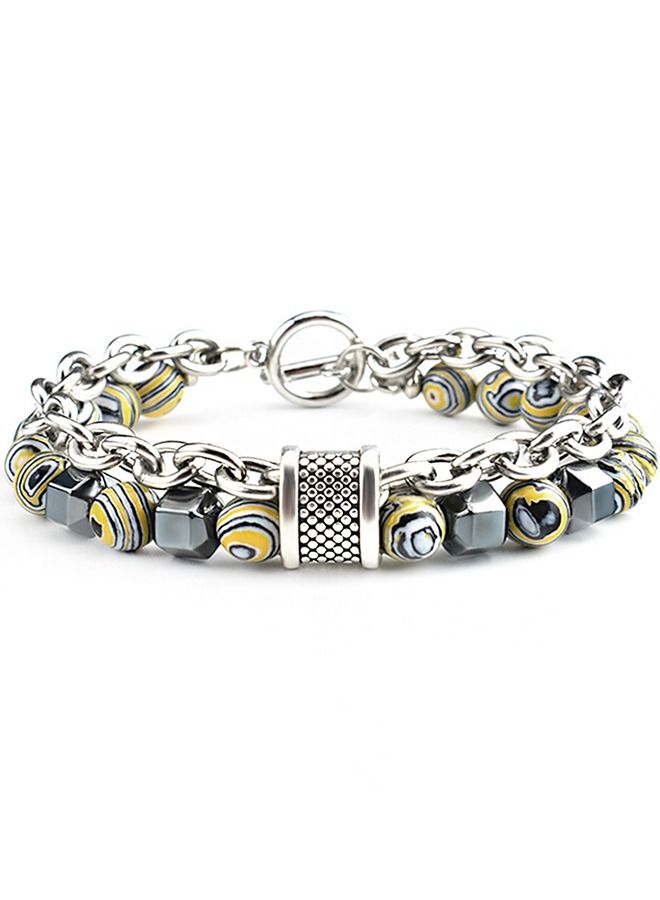 Men's Malachite Metal Beaded Bracelet 