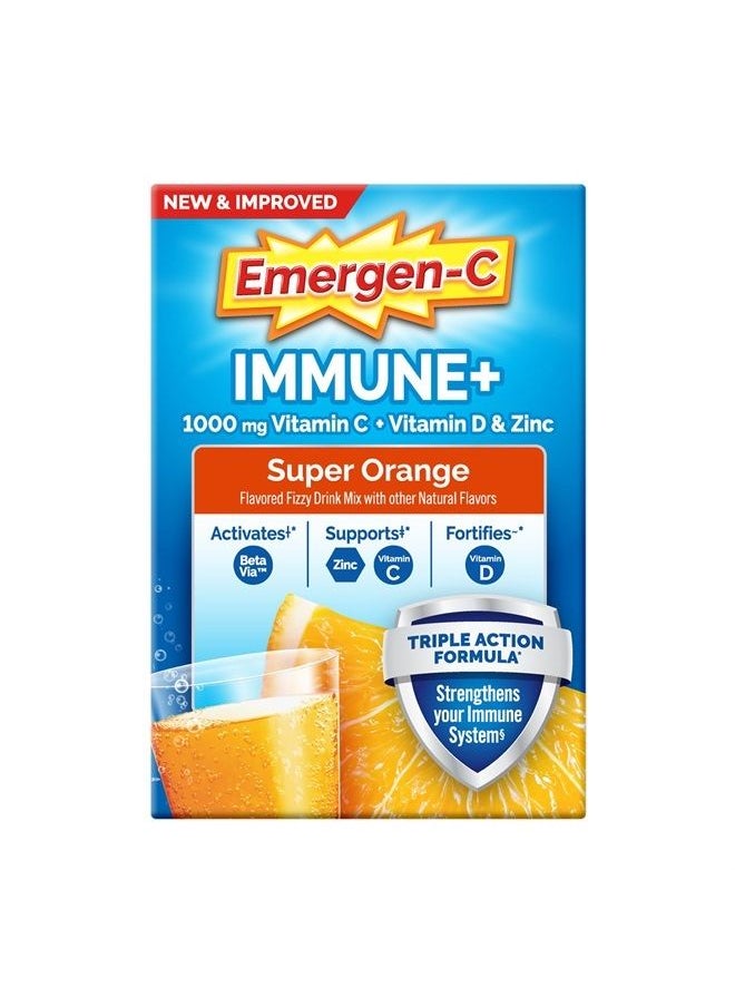 Emergen-C - Immune+ Triple Action Immune Support Powder, BetaVia (R), 1000mg Vitamin C, B Vitamins, Vitamin D and Antioxidants, Super Orange – 30 Count - Image 1