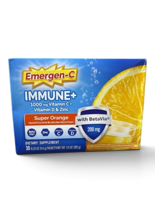 Emergen-C Immune+ Triple Action Immune Support Powder, BetaVia (R), 1000mg Vitamin C, B Vitamins, Vitamin D and Antioxidants, Super Orange – 30 Count Packaging May Vary - Image 1