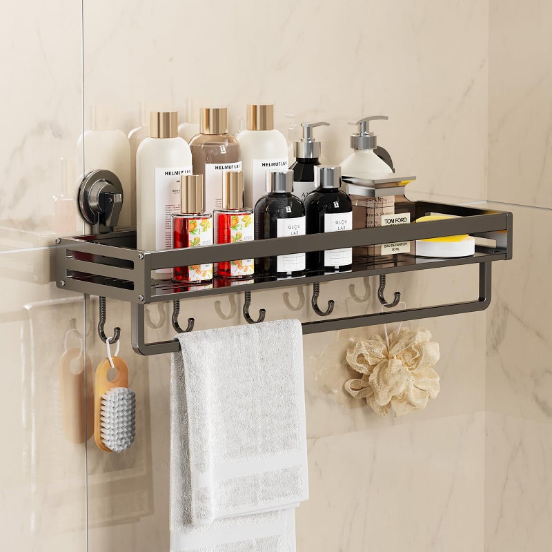 Shower Caddy Suction Cup 118 inch Suction Shower Shelf with Hooks NODrilling Bathroom Holder Rustproof Bathroom Organizer Dark Grey