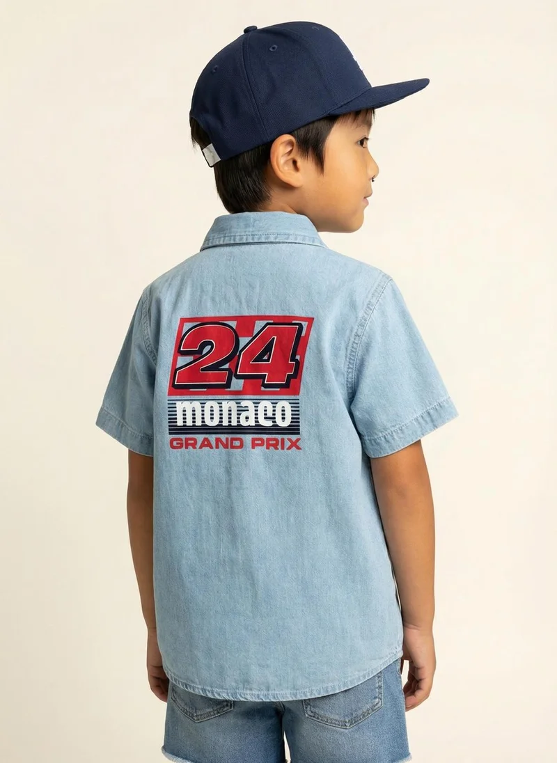 نوتيناتي Nautinati Boys' 100% Cotton Racing Front & Back Placement Print Denim Shirt