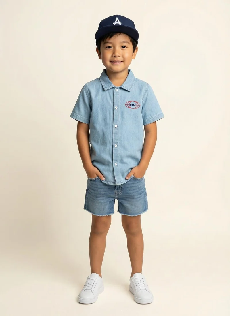 نوتيناتي Nautinati Boys' 100% Cotton Racing Front & Back Placement Print Denim Shirt