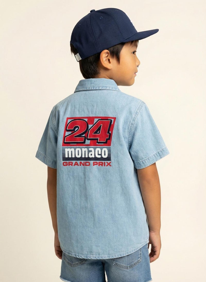 Nautinati Boys' 100% Cotton Racing Front & Back Placement Print Denim Shirt - Image 3