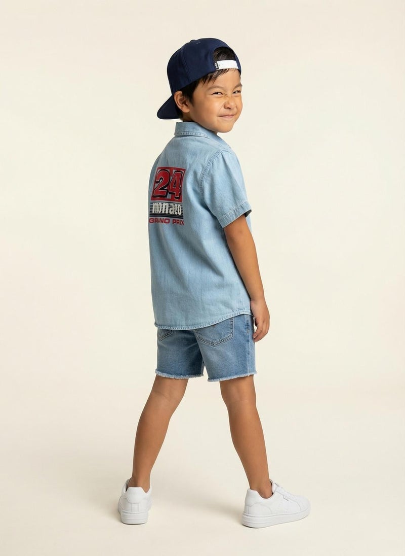 Nautinati Boys' 100% Cotton Racing Front & Back Placement Print Denim Shirt - Image 4