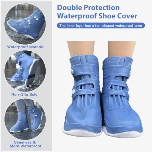 PALAY® Silicone Shoe Rain Cover for Men Women Waterproof Shoe Cover, Outdoor High Top Shoe Cover, Anti-slip Puncture Proof Sole Design Outdoor Shoe Rain Cover with Button Closure, US Size 5-7, Blue - Image 3