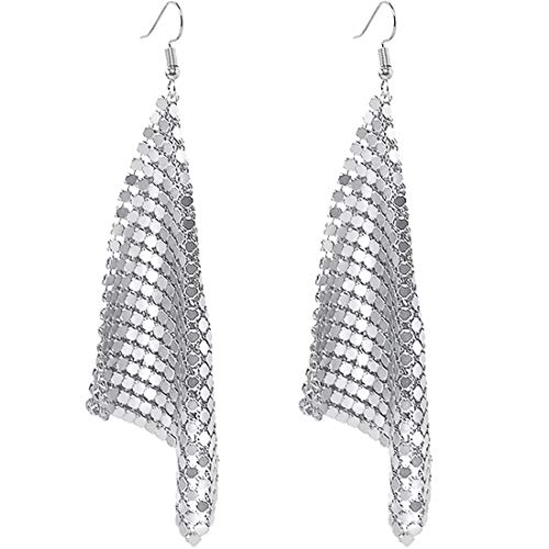 Suyi Trendy Women Earrings Metal Mesh Grid Sequins Tassel Long Drop Dangle Earrings Silver - Image 1
